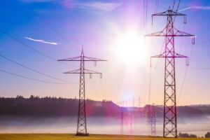 Linee elettriche ad alta tensione che attraversano un campo con nebbia mattutina e bosco sullo sfondo.